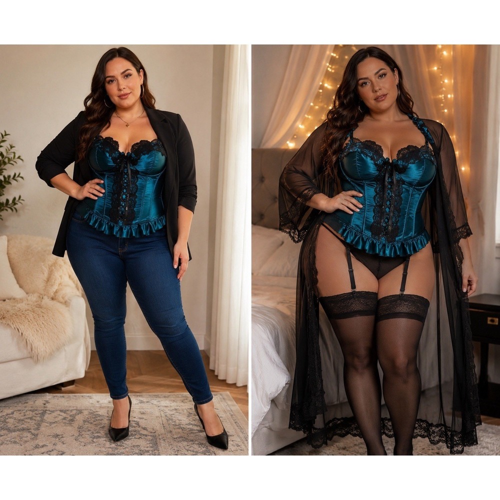 Fredericks of Hollywood Corset Bustier 36 Teal Black Lace Satin Lingerie 29042F